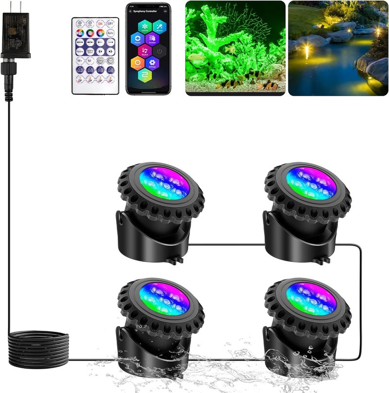 T-SUN Colored Pond Lights, Bright LED Underwater Pond Light Submersible Fountain Lights APP and Remote Control,Dimmable,Timer, IP68 Waterproof Fish Tank Light for Aquarium Fountain Garden (4-Head) - Image 1